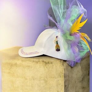 Mardi Gras hat, White Cap with Colorful Feathers “Carondelet”